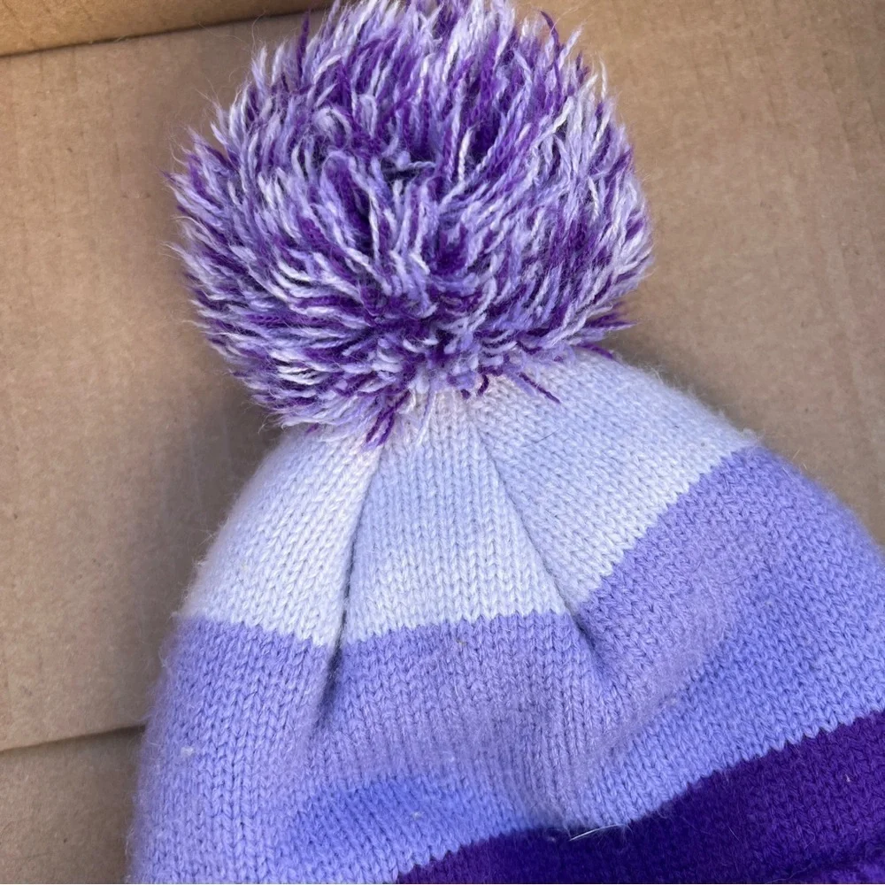 Girls Purple & White Striped Beanie